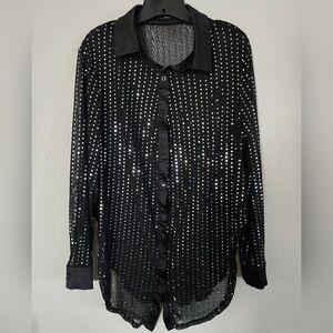 Black Sheer Button-Up Shirt with Silver Studs